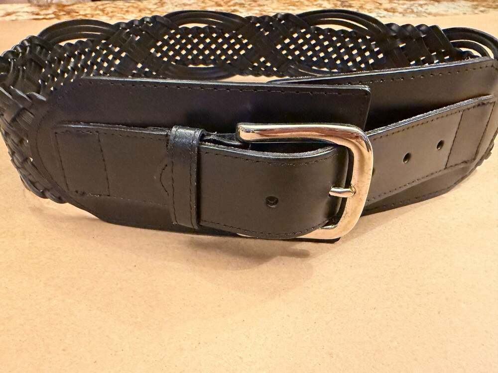 SML Black Bonded Leather Woven Waist Belt Size S